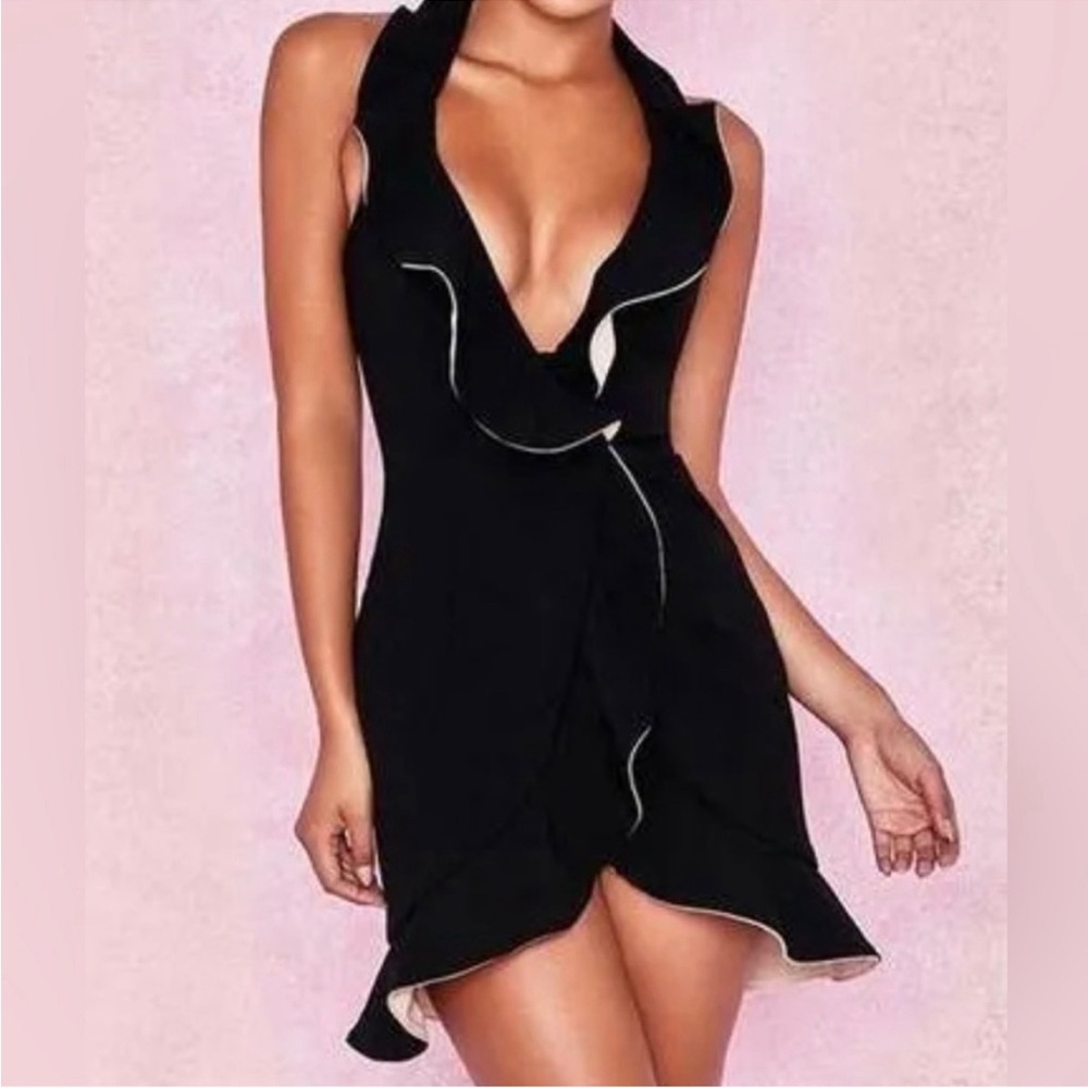 House of CB “Juniper” Black Halter Neck Ruffle Hem Dress - Size XSmall